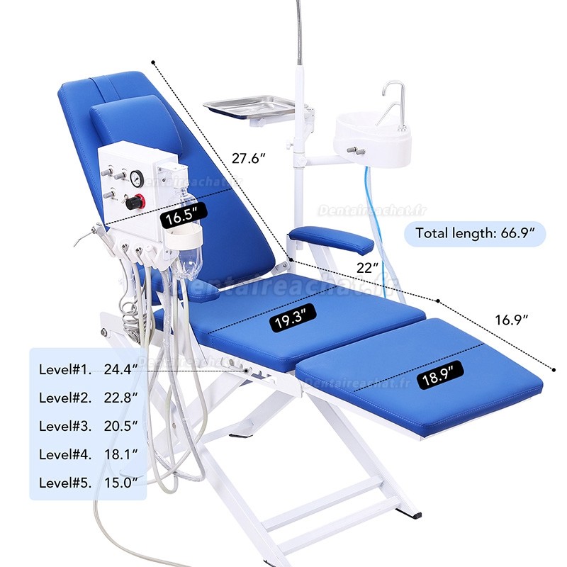 Fauteuil dentaire portable et pliable avec éclairage LED, turbine à air et plateau dentaire